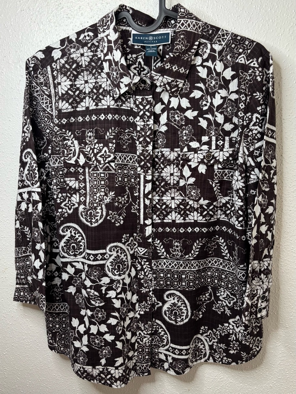 Karen Scott Brown & White Printed Cotton Button-Up Shirt